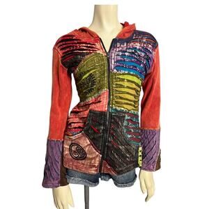 All That Jazz Cut Out Patchwork Full Zip Hoodie Boho Women's M Hippie Festival